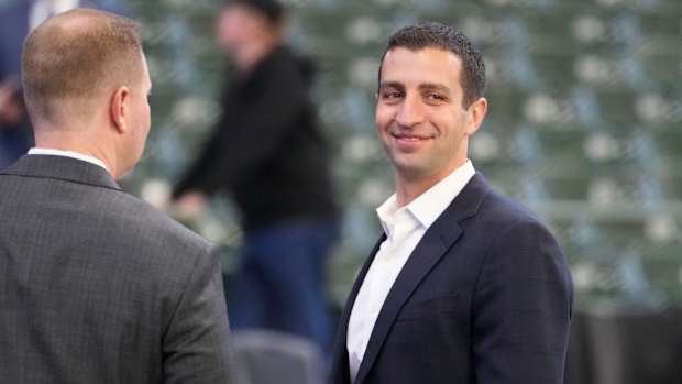 David Stearns on the field in Milwaukee before a game in 2022.
